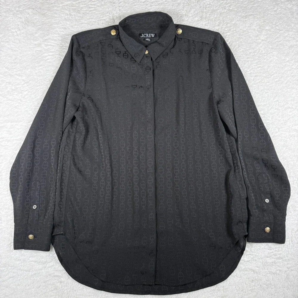 J.Crew CD041 Women M Black L/S Jacquard Chain Link Gold Button Epaulet Top